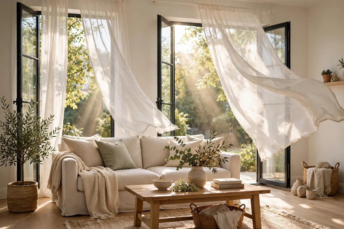 Bright living room with open windows and sheer curtains