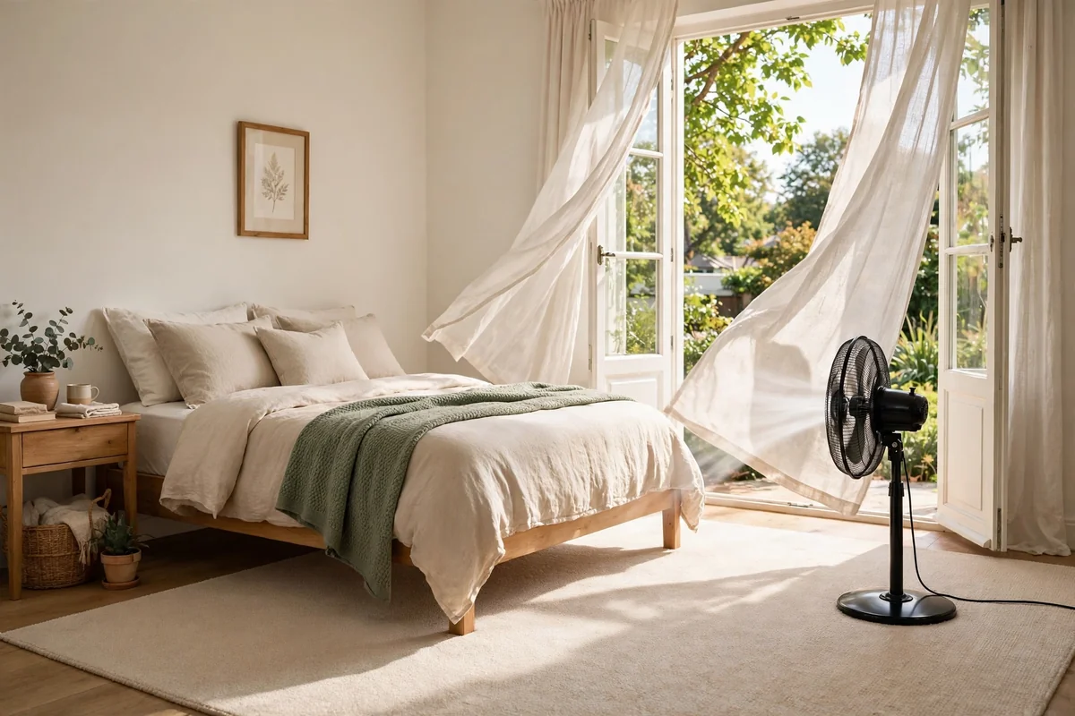 Bedroom with open window and fan over a clean carpet area