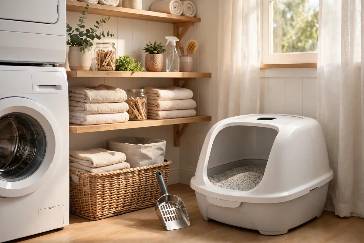 Clean modern litter box with fresh litter in a tidy corner