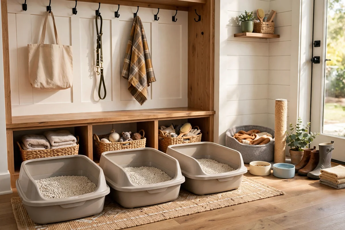 Three clean litter boxes lined up in a tidy mudroom