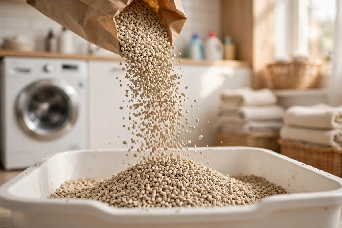 Fresh unscented litter being poured into a clean box