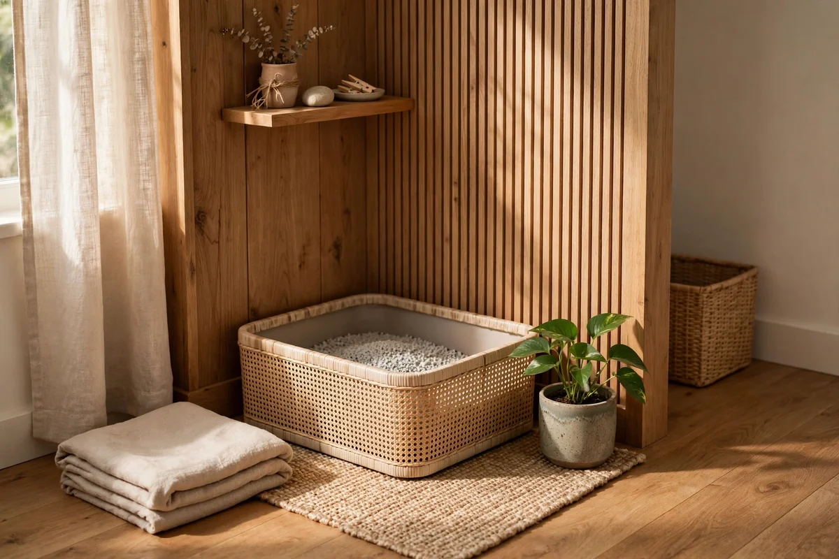 Litter box in a calm private home nook with a plant