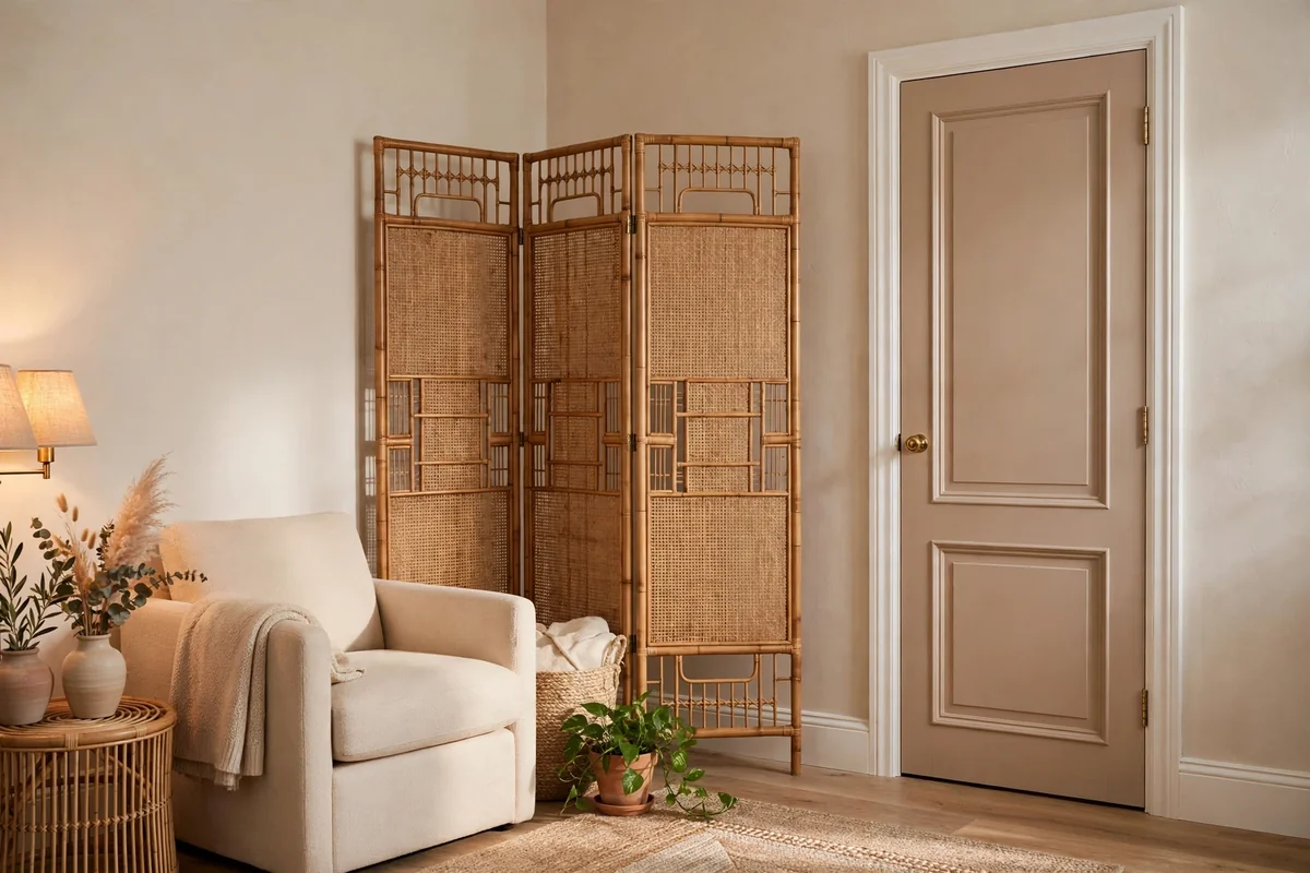Tidy living room corner with closed door and room divider