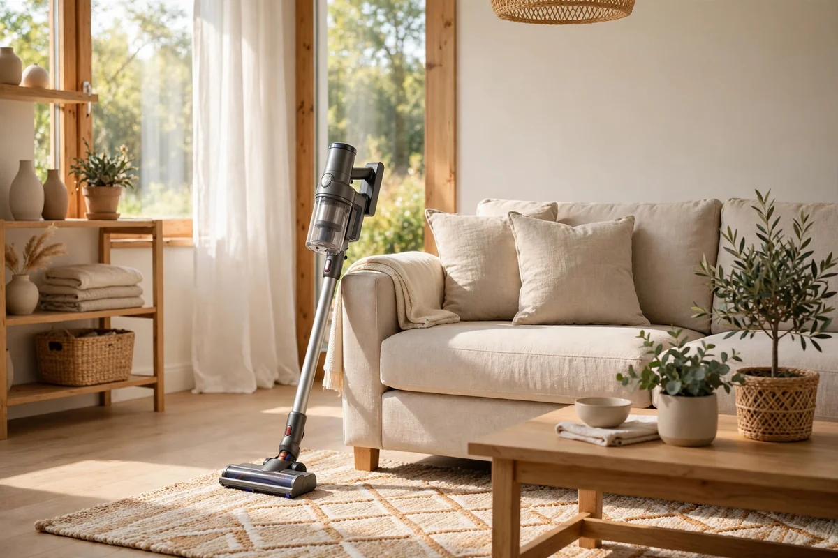 Deep-cleaned living room with vacuum beside a spotless sofa