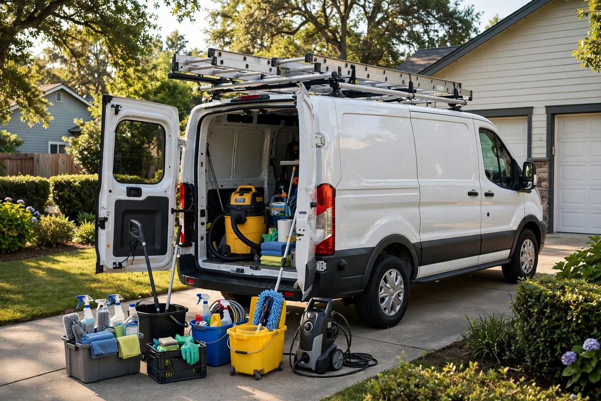 Professional cleaner van in a sunny suburban driveway
