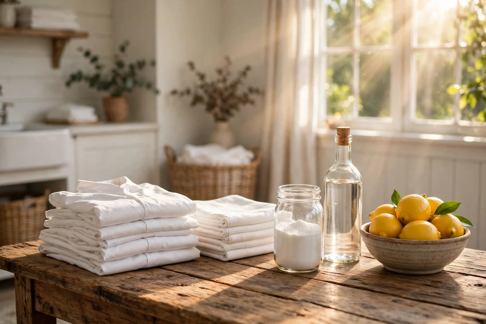 Bright laundry room with folded white shirts, baking soda, white vinegar, and fresh lemons in warm sunlight