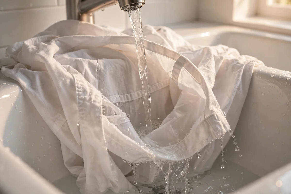 White cotton shirt turned inside out being rinsed under cool running water in a laundry sink