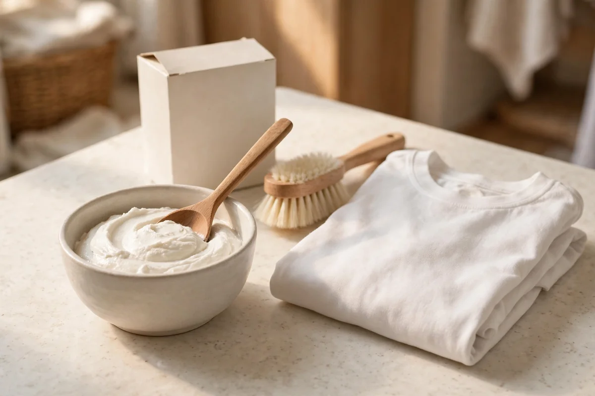 Bowl of baking soda paste with a wooden spoon beside a white t-shirt and laundry brush