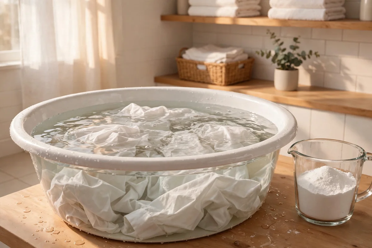 White garments soaking in a basin of warm water with baking soda nearby