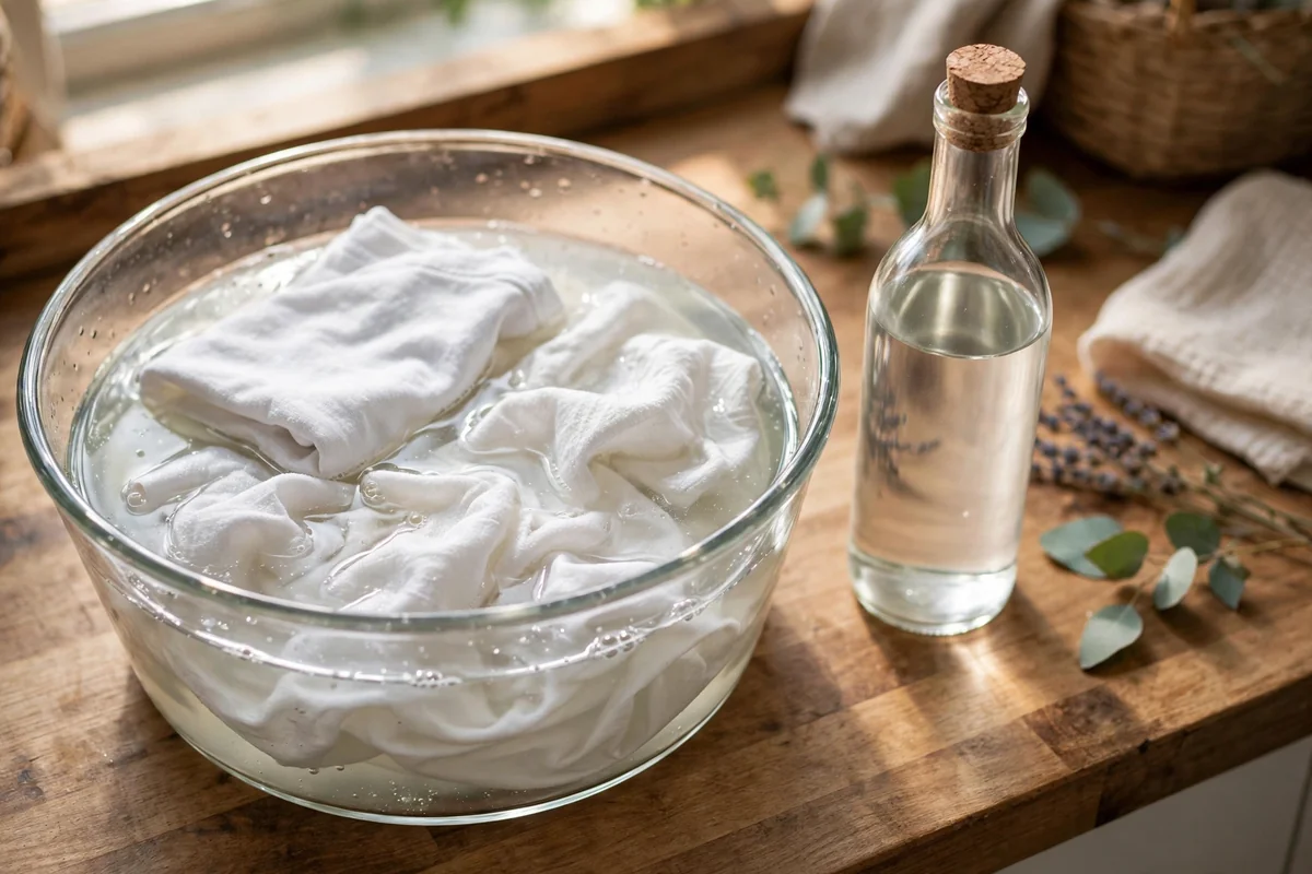 White clothes soaking in diluted white vinegar solution in a glass basin