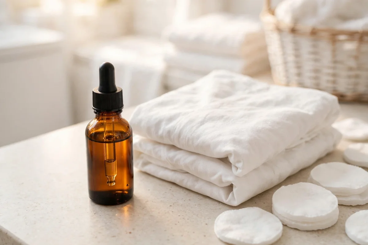 Amber bottle of hydrogen peroxide with dropper beside a folded white cotton shirt