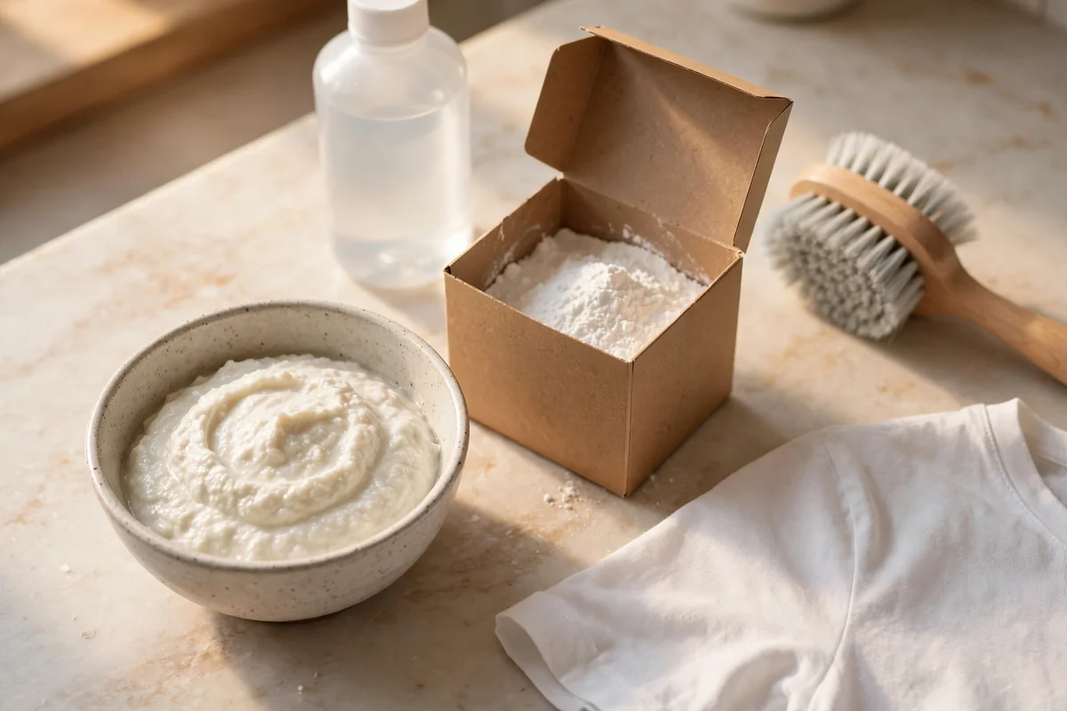 Baking soda and peroxide paste in a bowl with a soft brush and white shirt