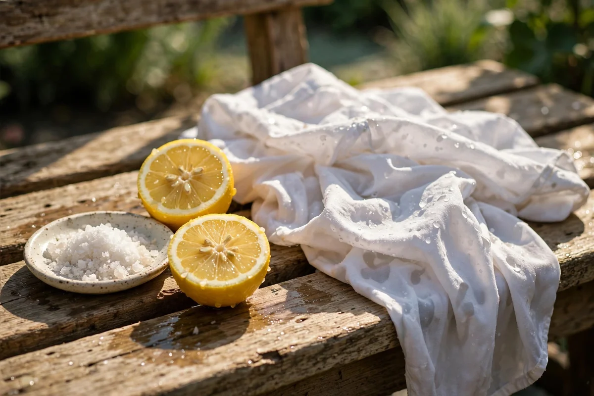 Lemon halves and coarse salt beside a damp white shirt in bright sunlight