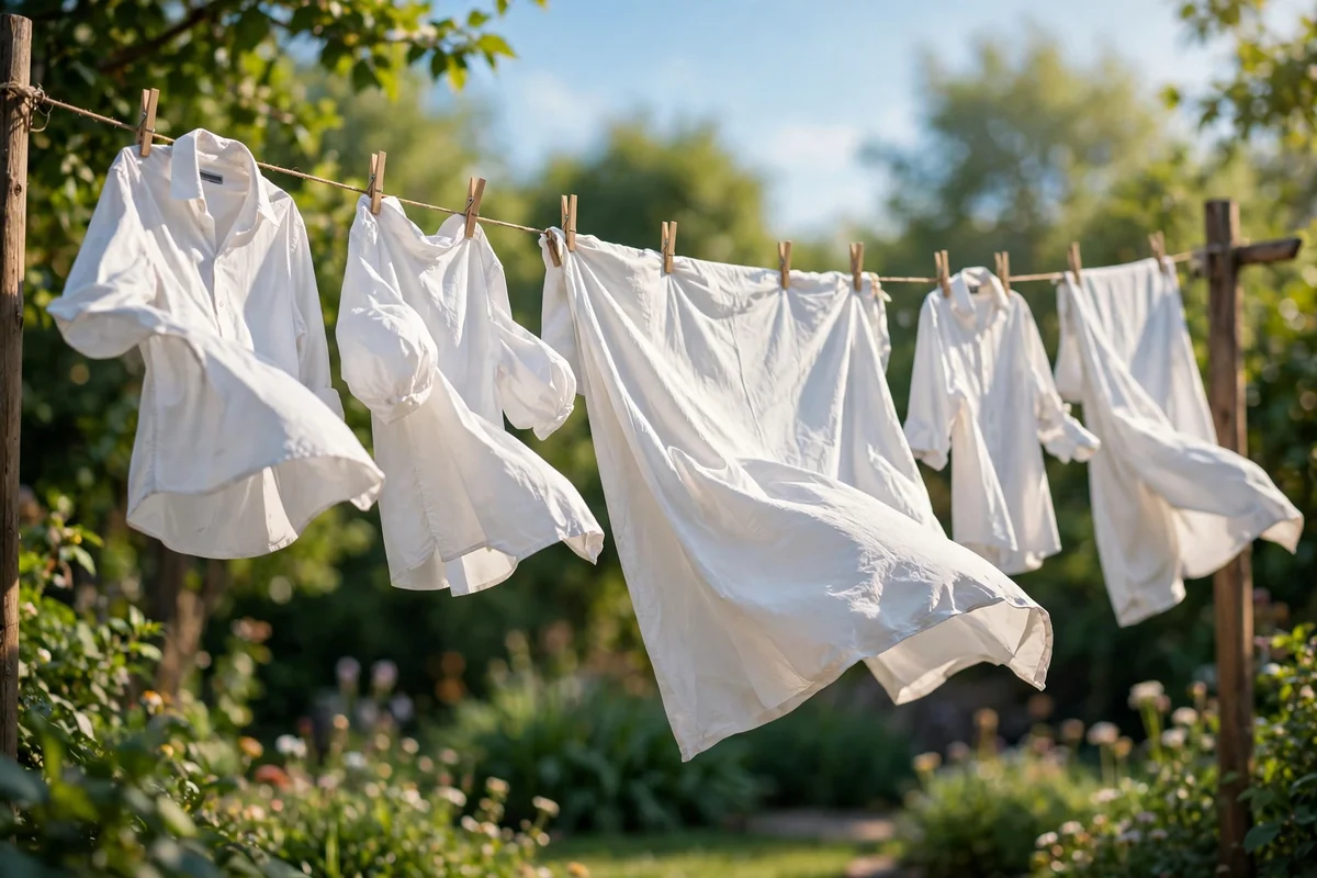 Clean white shirts and sheets hanging on a clothesline in bright sunshine
