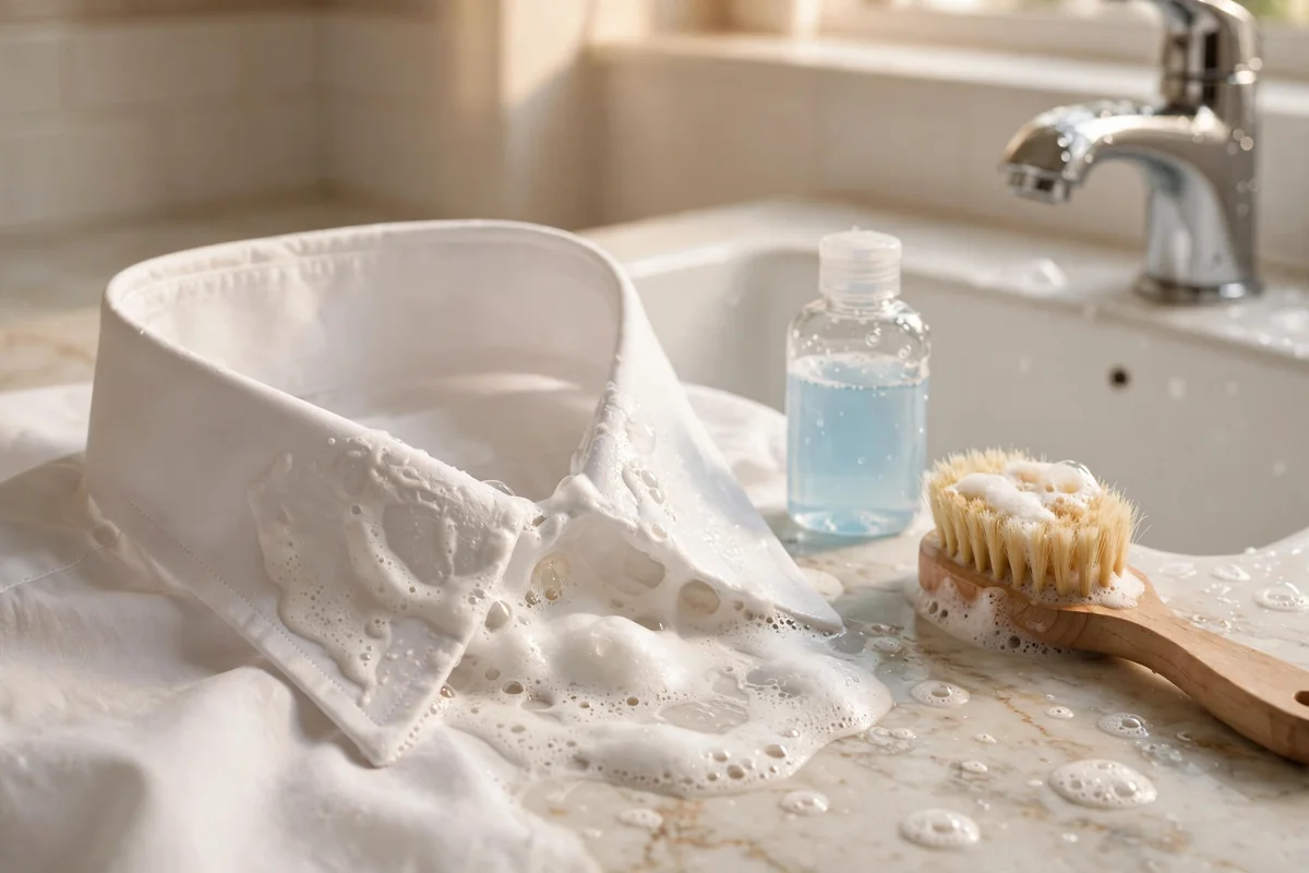 White shirt collar being treated with liquid laundry soap near a clean sink