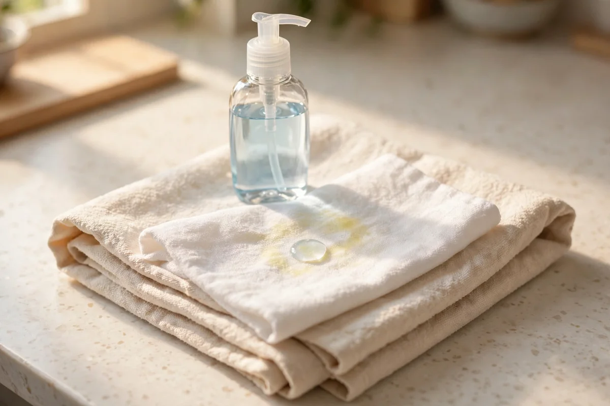 Dish soap drop on a white fabric swatch with a faint yellow oil mark