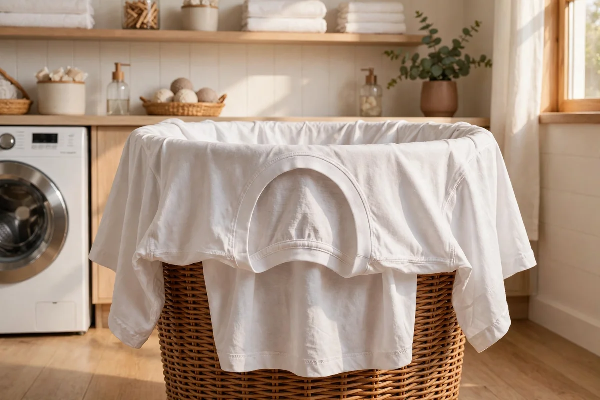 White t-shirt turned inside out draped over a wicker laundry basket