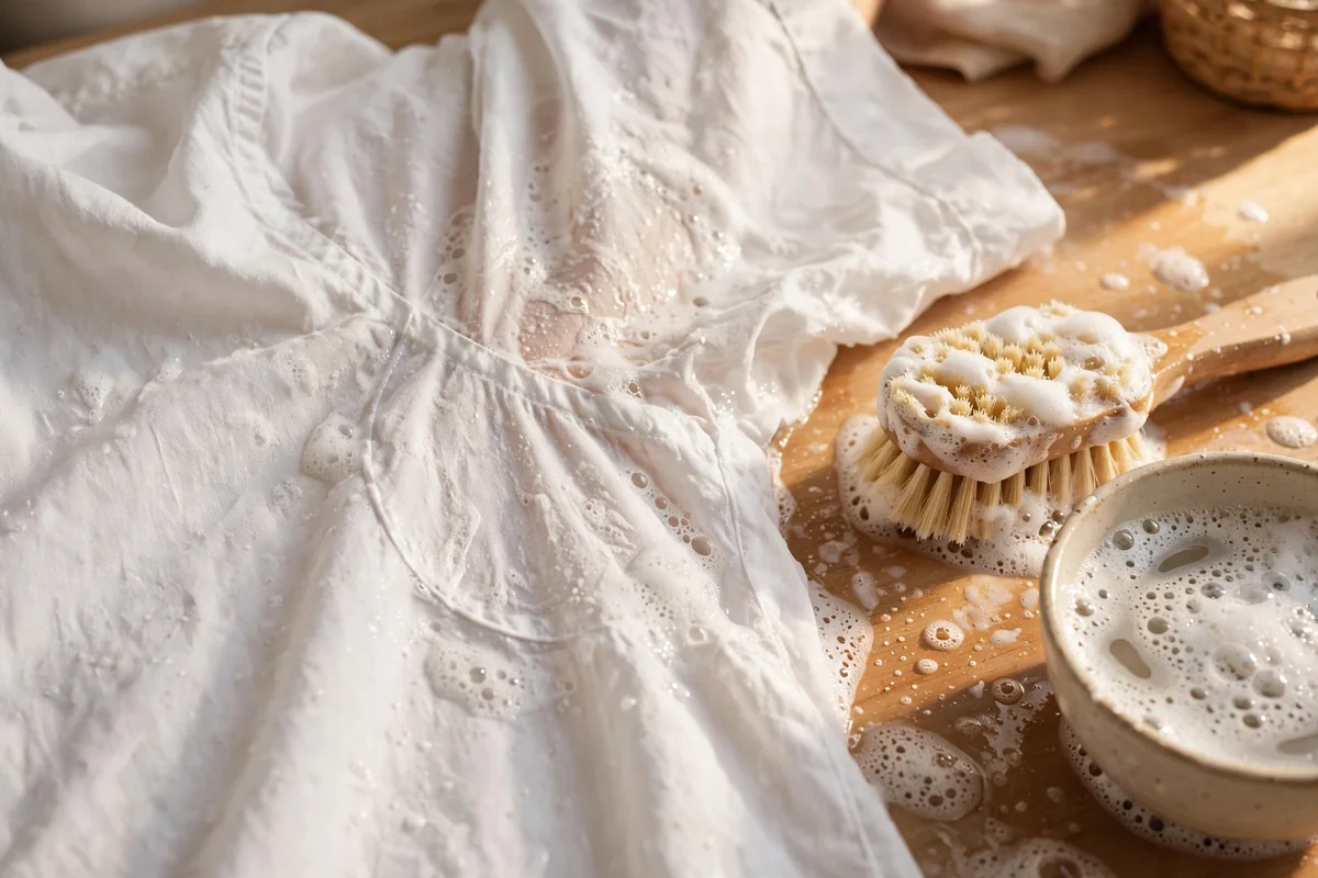White shirt underarm area with a soft brush and bowl of warm soapy water