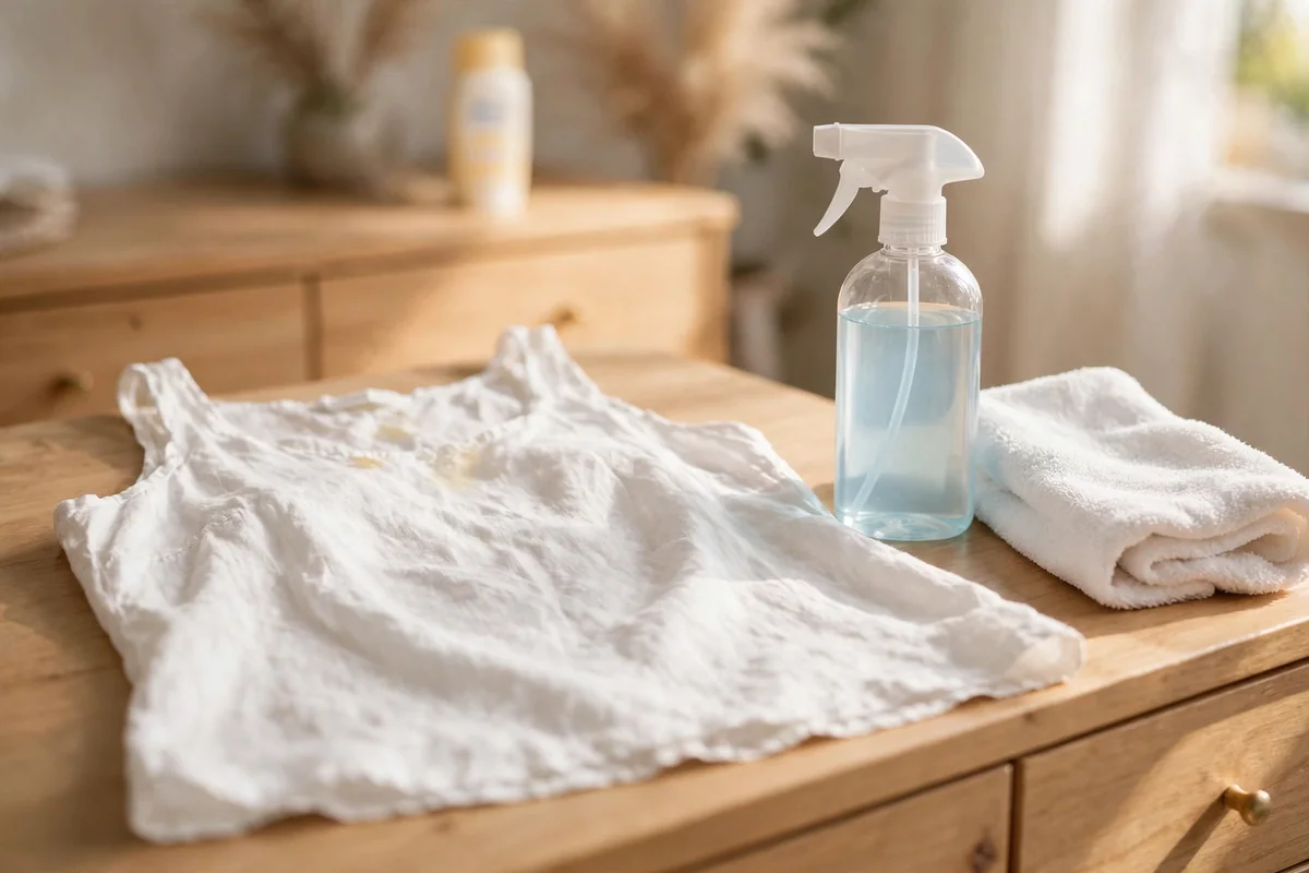 White summer top with a faint mark near the neckline beside pretreatment soap