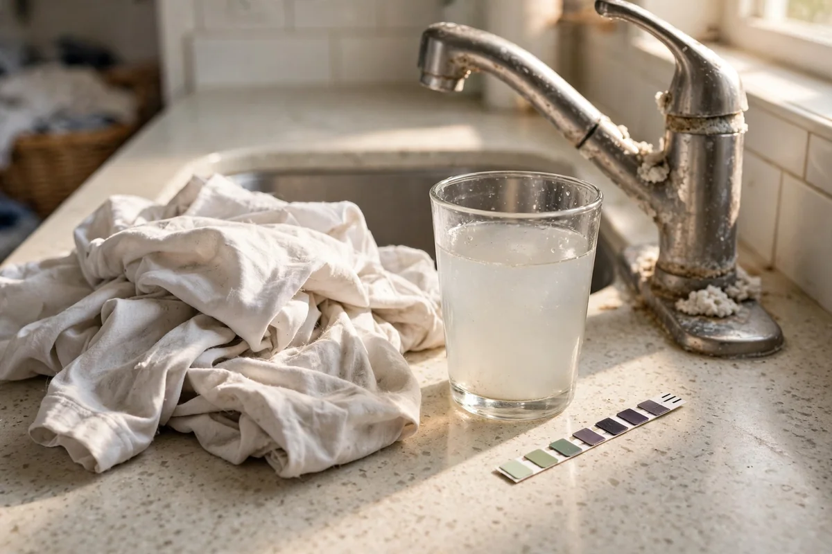 Dingy white garments beside a glass of cloudy hard water and a test strip