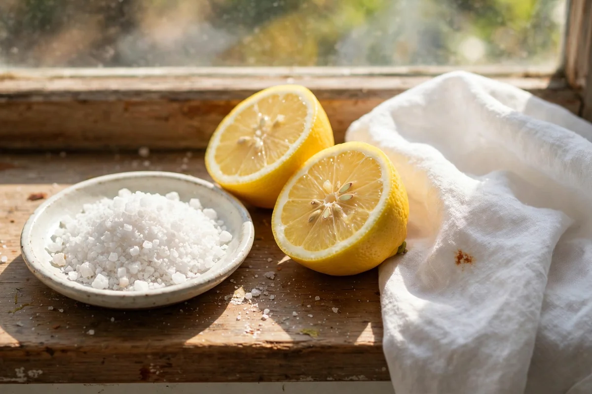 Coarse salt and lemon halves beside a white cloth with a rust-tinted spot on a windowsill