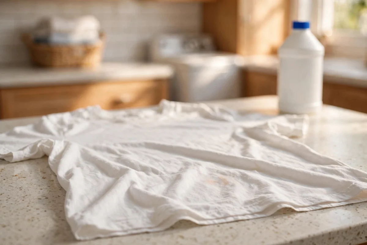White shirt with a rust-tinted mark beside a bleach bottle pushed aside on a counter