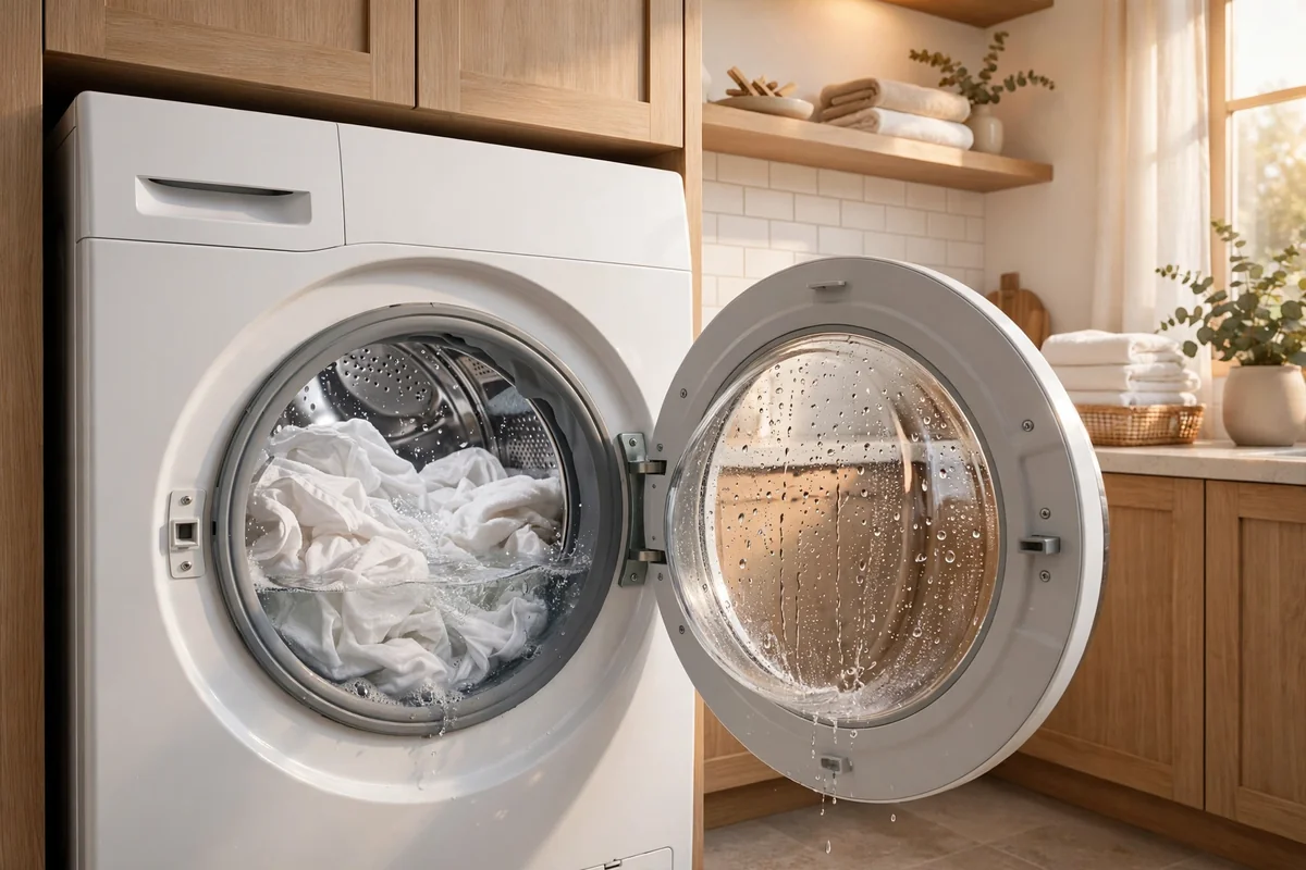 Front-loading washing machine with door open during the rinse cycle