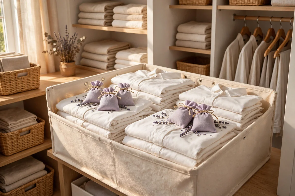 Folded white shirts in a breathable cotton storage box with lavender sachets in a closet