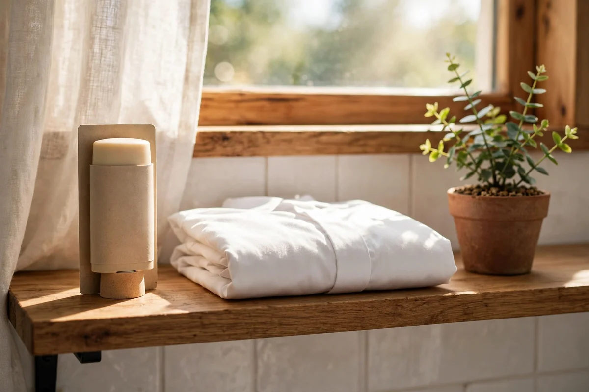 Natural deodorant stick and folded white shirt on a wooden bathroom shelf