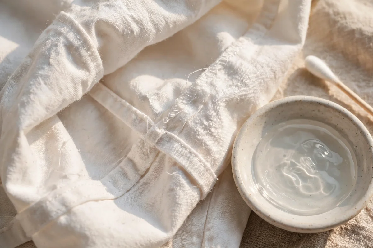 Inside seam of a white garment with a cotton swab and small dish of cleaning solution