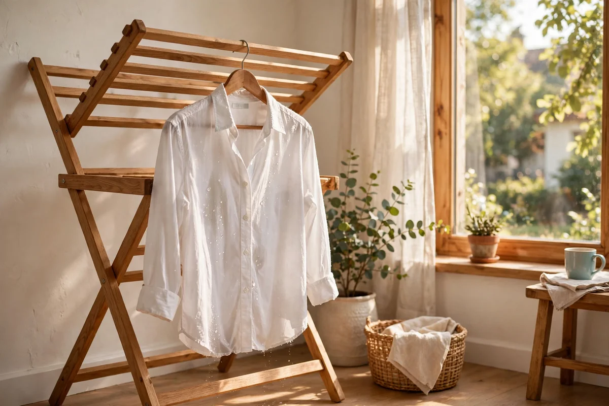 White shirt hanging on a wooden indoor drying rack near a sunny window
