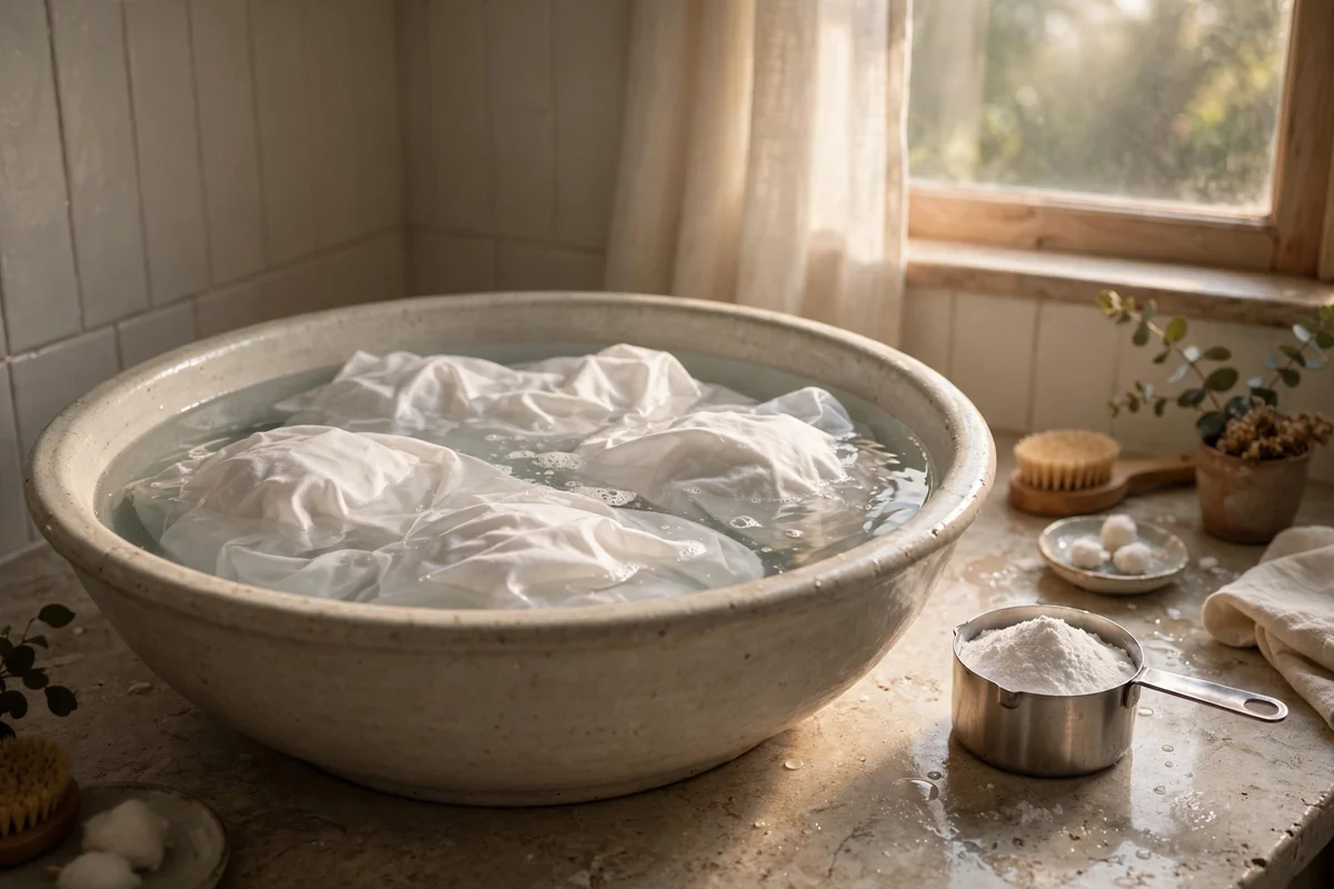 White pillowcases soaking overnight in a ceramic basin with baking soda nearby