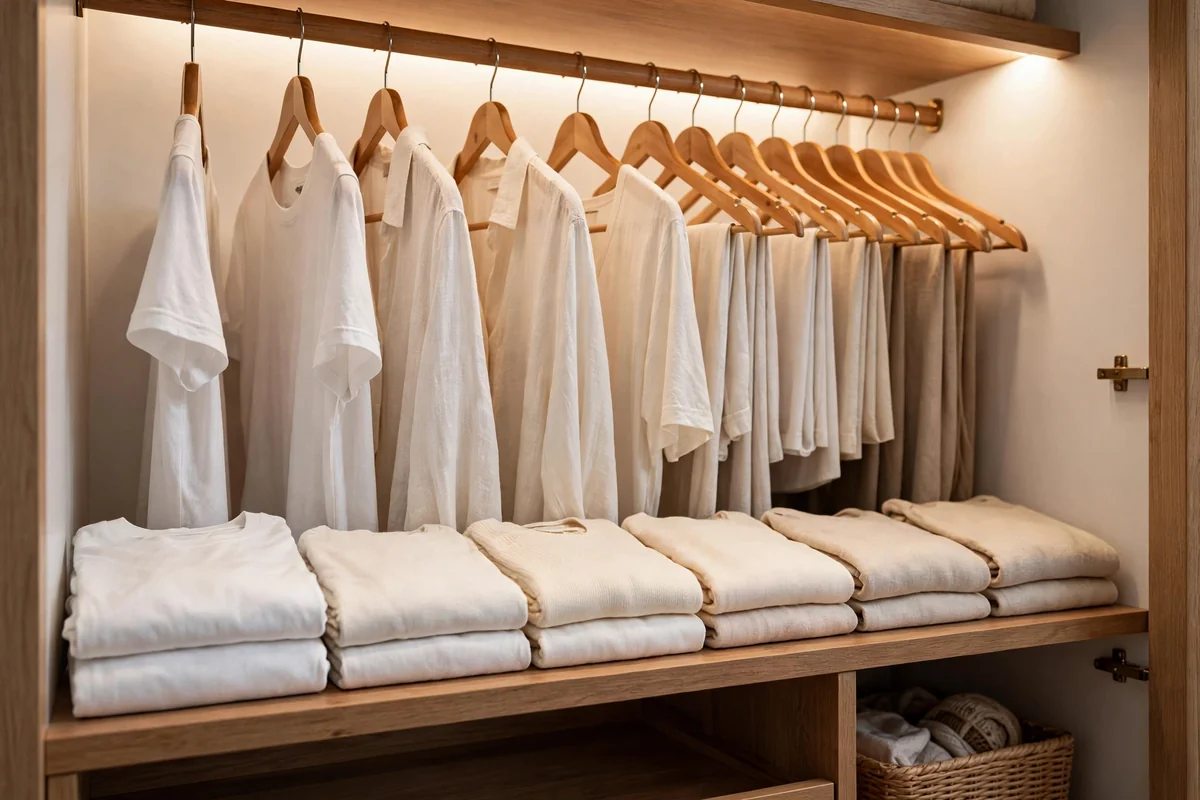 Neat row of folded white t-shirts arranged by brightness on a closet shelf