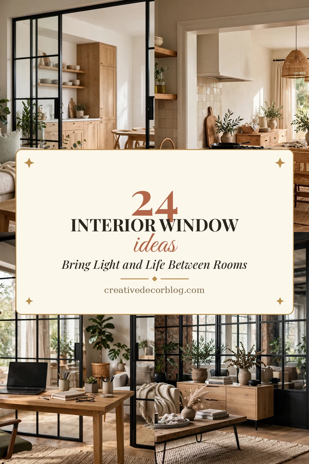 Pinterest pin collage of interior window ideas titled 24 Interior Window Ideas That Bring Light and Life Between Rooms