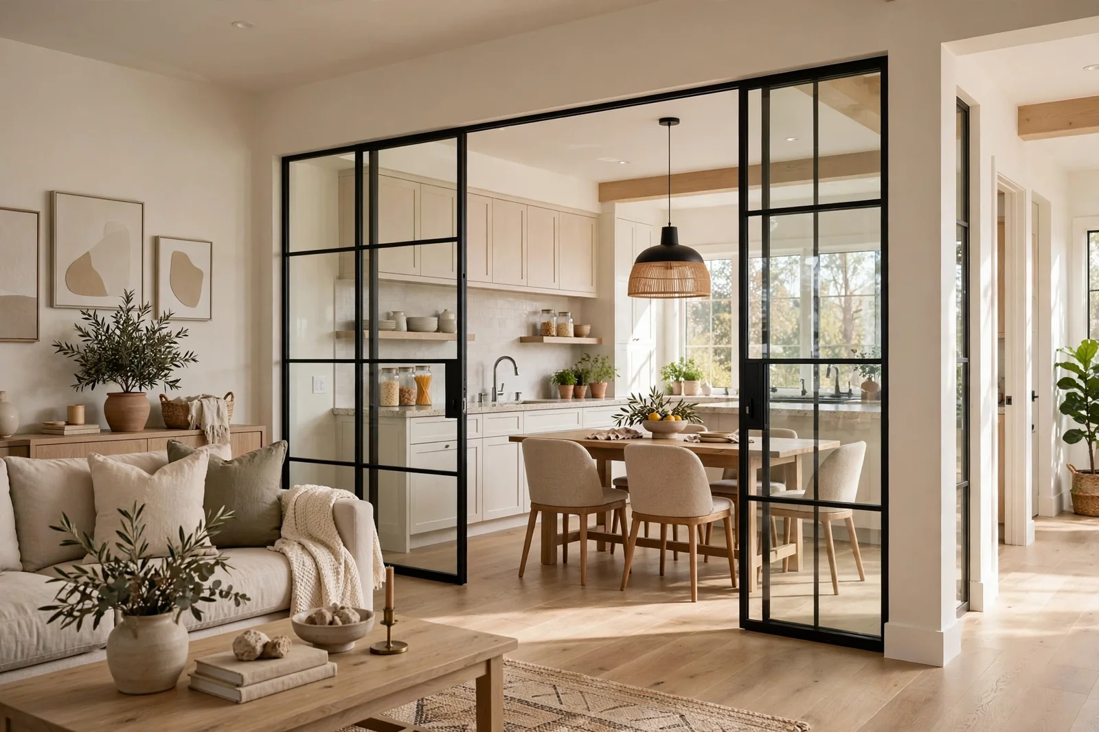 Wide view of a beautiful home interior with interior windows between rooms, bright