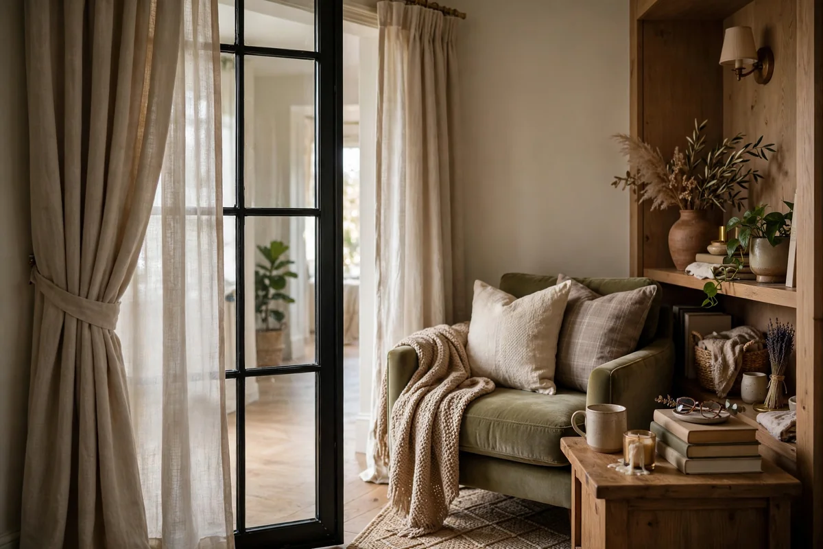 Cozy reading nook separated by an interior window with curtains, private