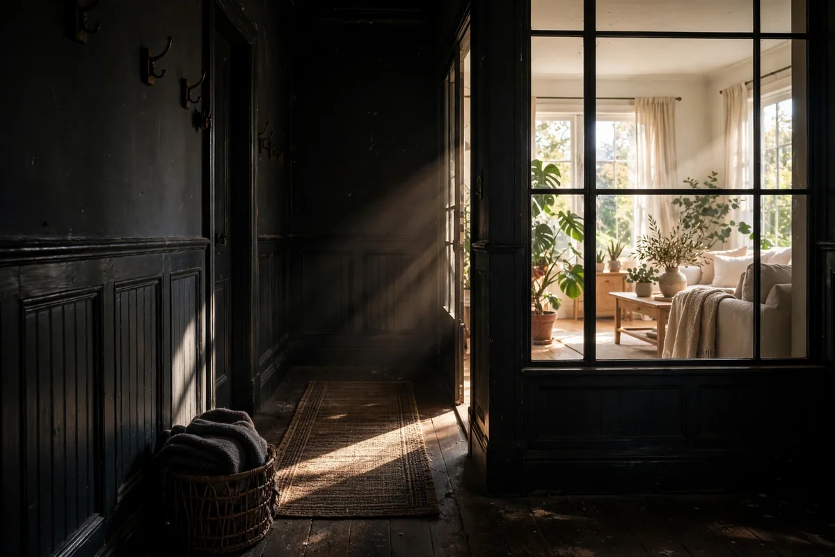 Dark hallway brightened by an interior window from a sunny room