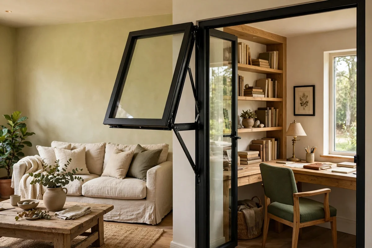 Interior pivot window between living room and study, open