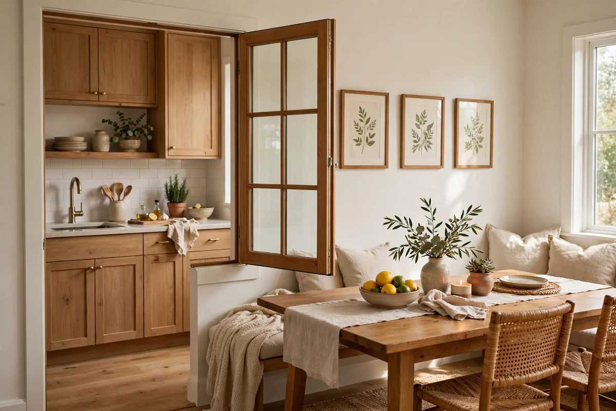 Interior window opened for airflow between kitchen and dining room
