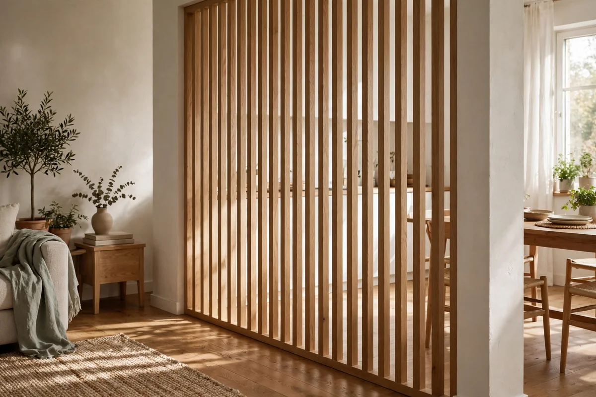 Simple slatted wooden screen as an interior window partition
