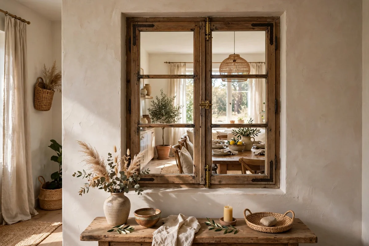 Beautiful decorative framed interior window as wall art between rooms