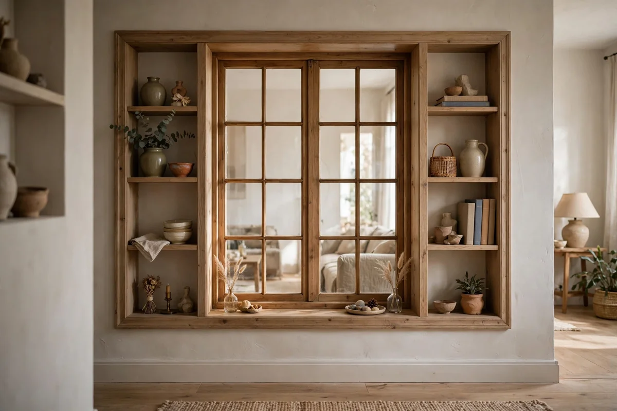 Interior window with built-in display shelves in its frame