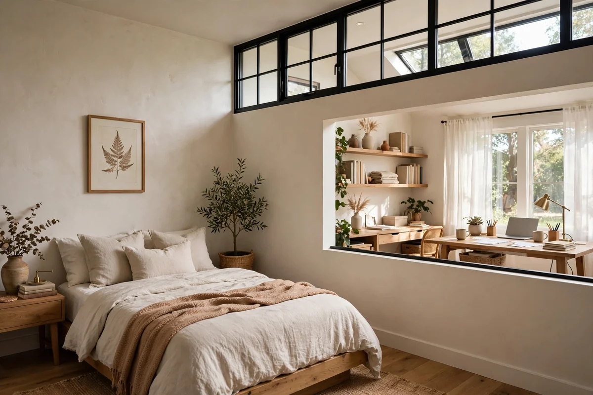 Bedroom area separated from a work area by a high interior window