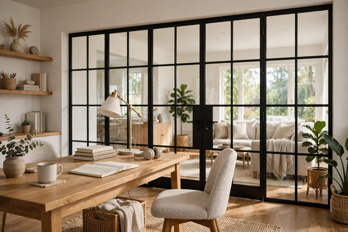 Home office with glazed glass doors as interior windows, bright