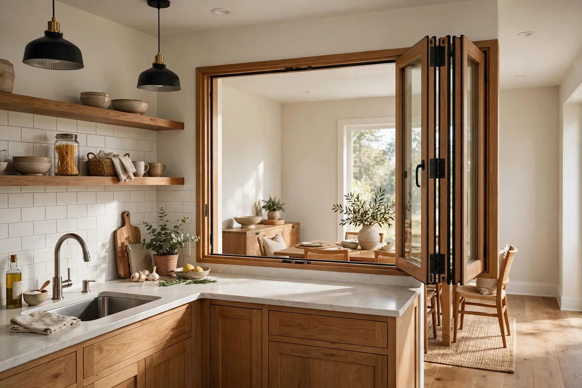 Kitchen with a folding pass-through window to the dining area