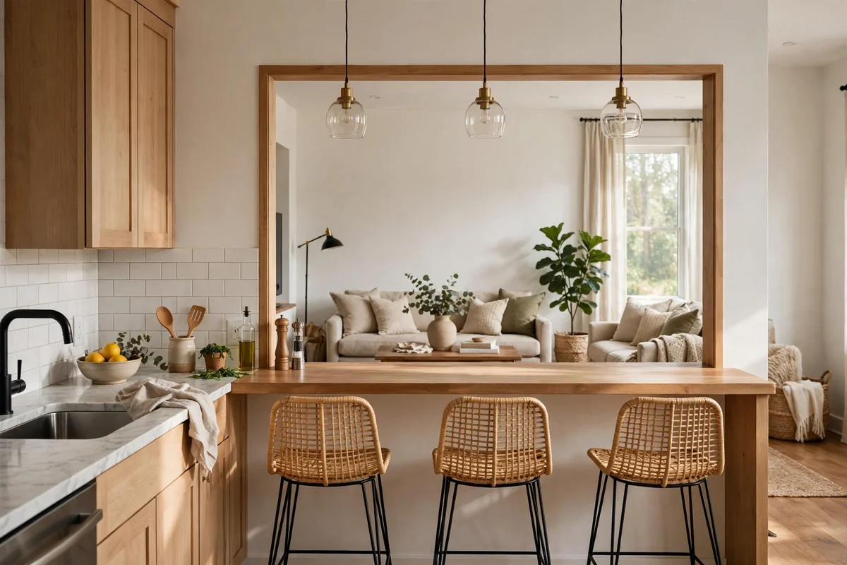 Interior bar window between kitchen and living room with stools