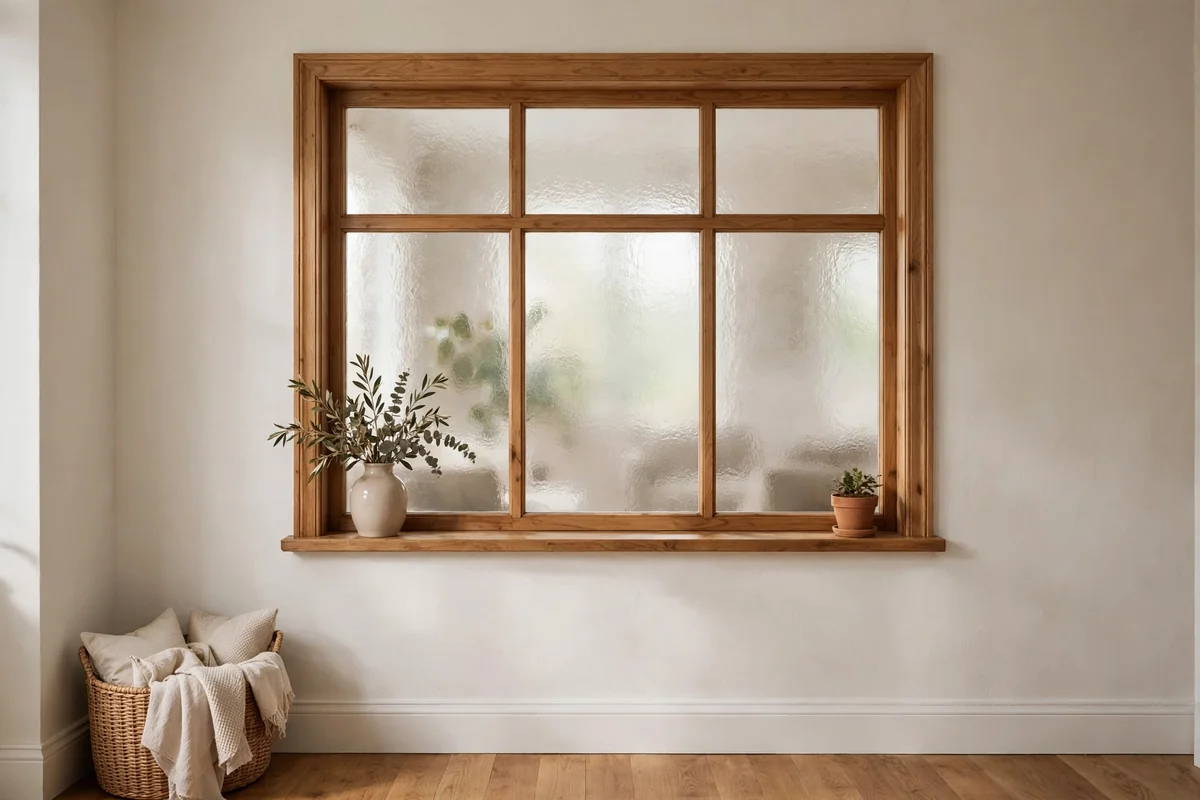 Interior window with frosted glass for privacy between rooms