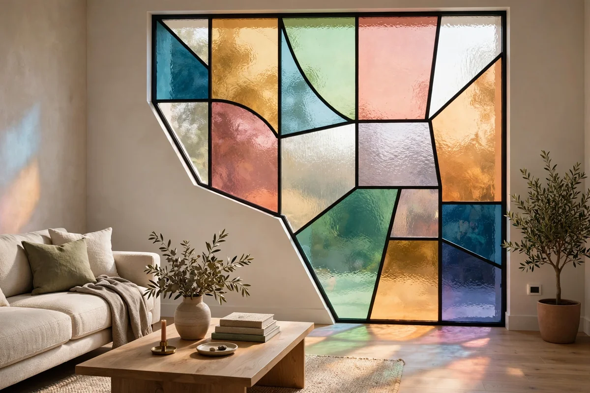 Asymmetric art glass interior window, colorful and modern