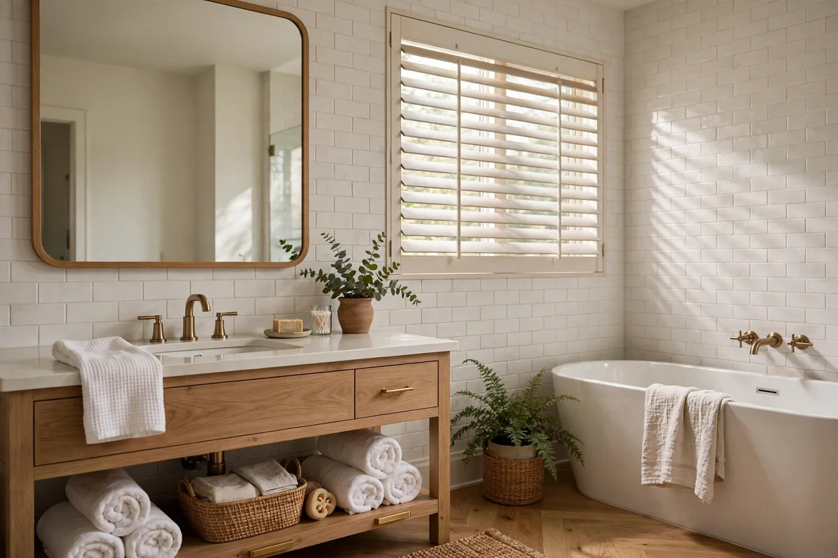 Bathroom with a louvered interior vent window for airflow