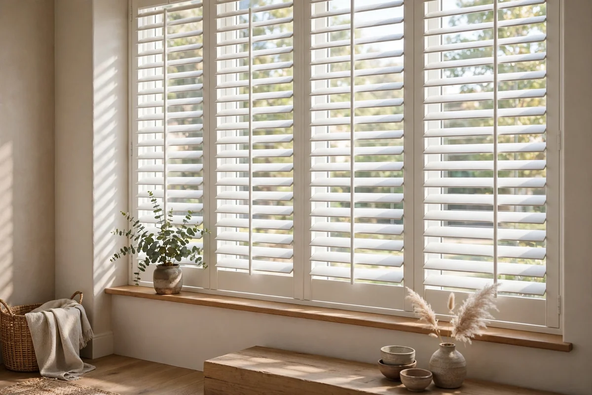 Interior window with plantation shutters for light control